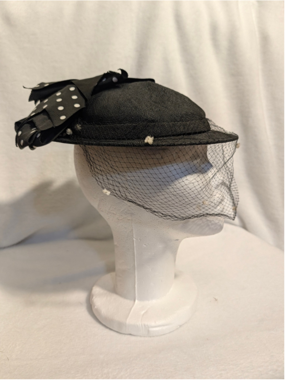 Vintage Adolfo II Polka Dot Hat with Veil, One Size, Black and White